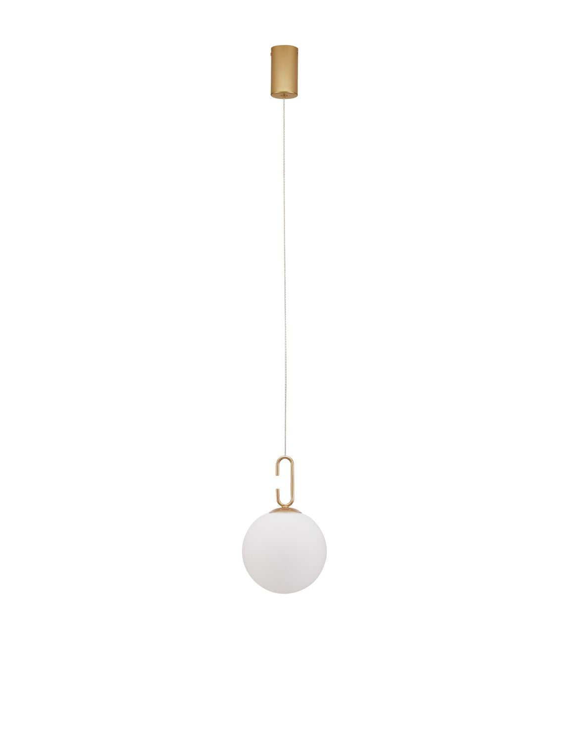 Vue de face du luminaire suspendu avec sa rosace dorée et son long câble fin