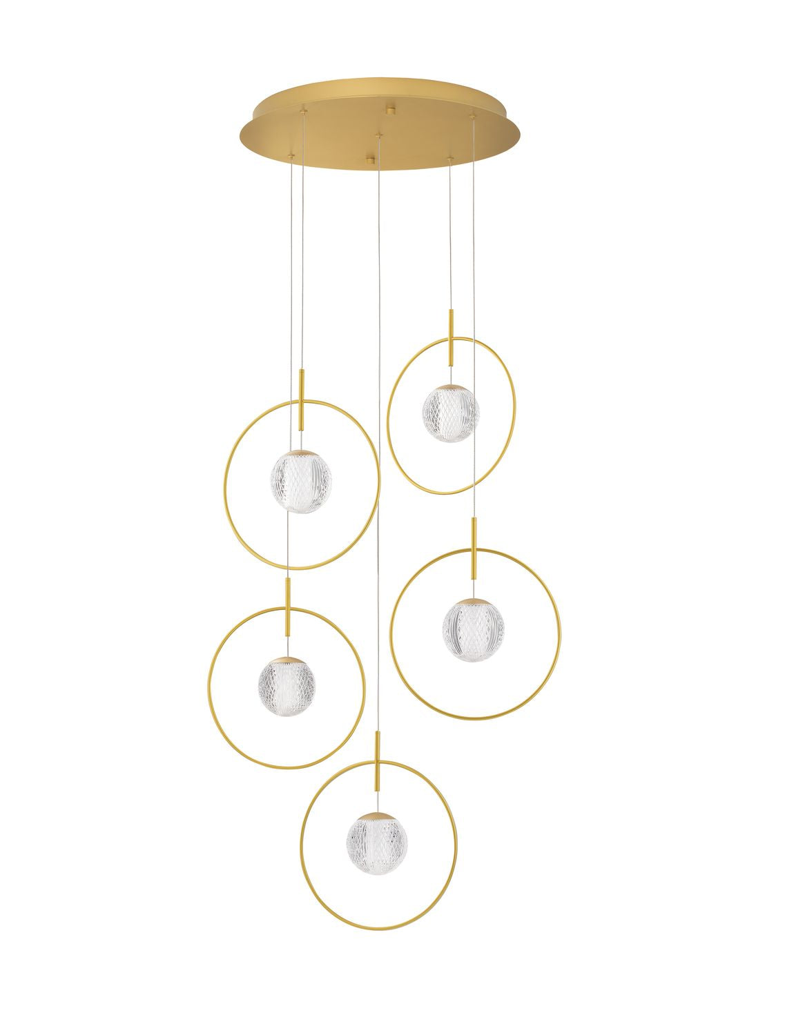 Suspension dorée complète à cinq globes en verre, vue de face