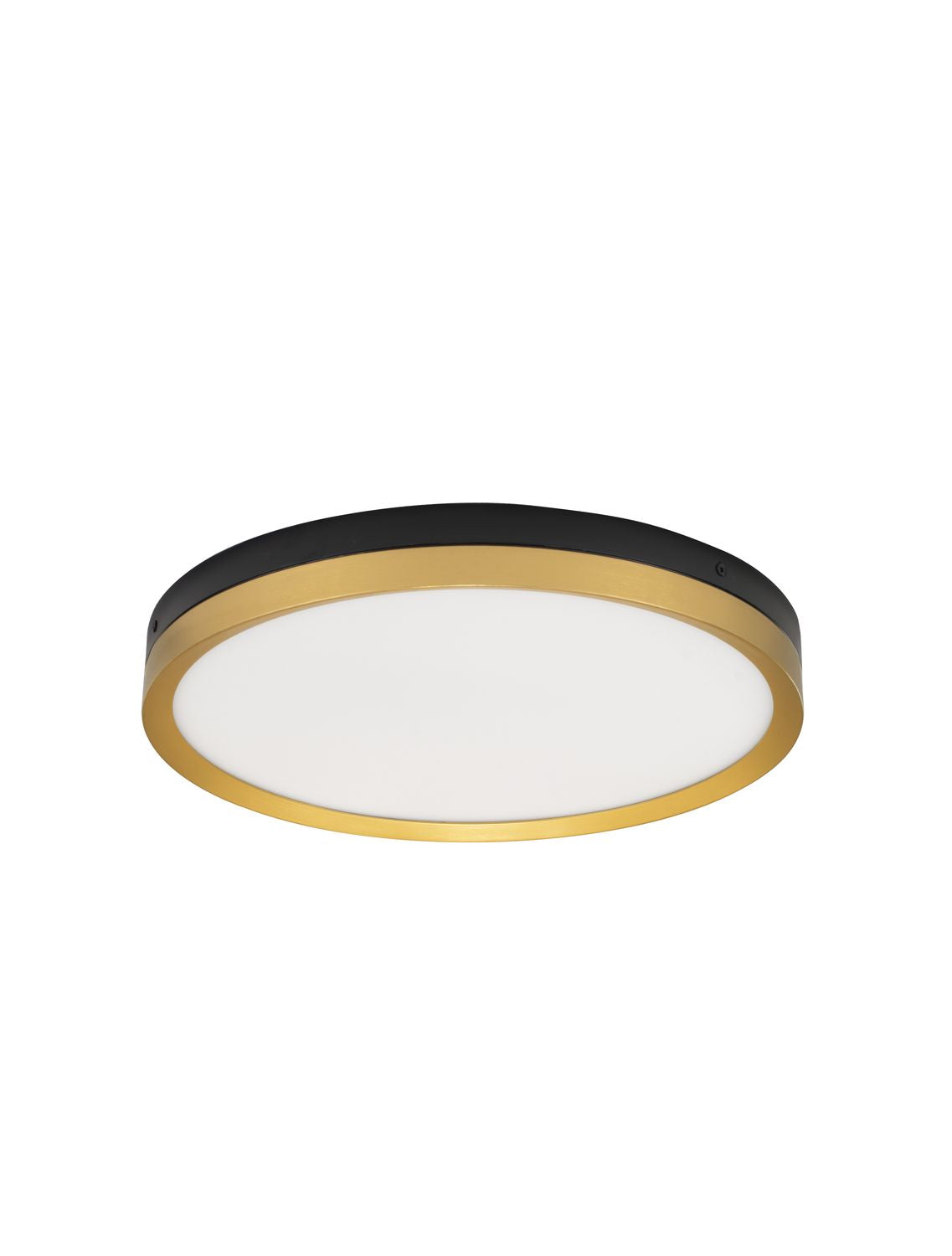Vue trois quarts du plafonnier rond sur fond blanc, cerclage noir et doré