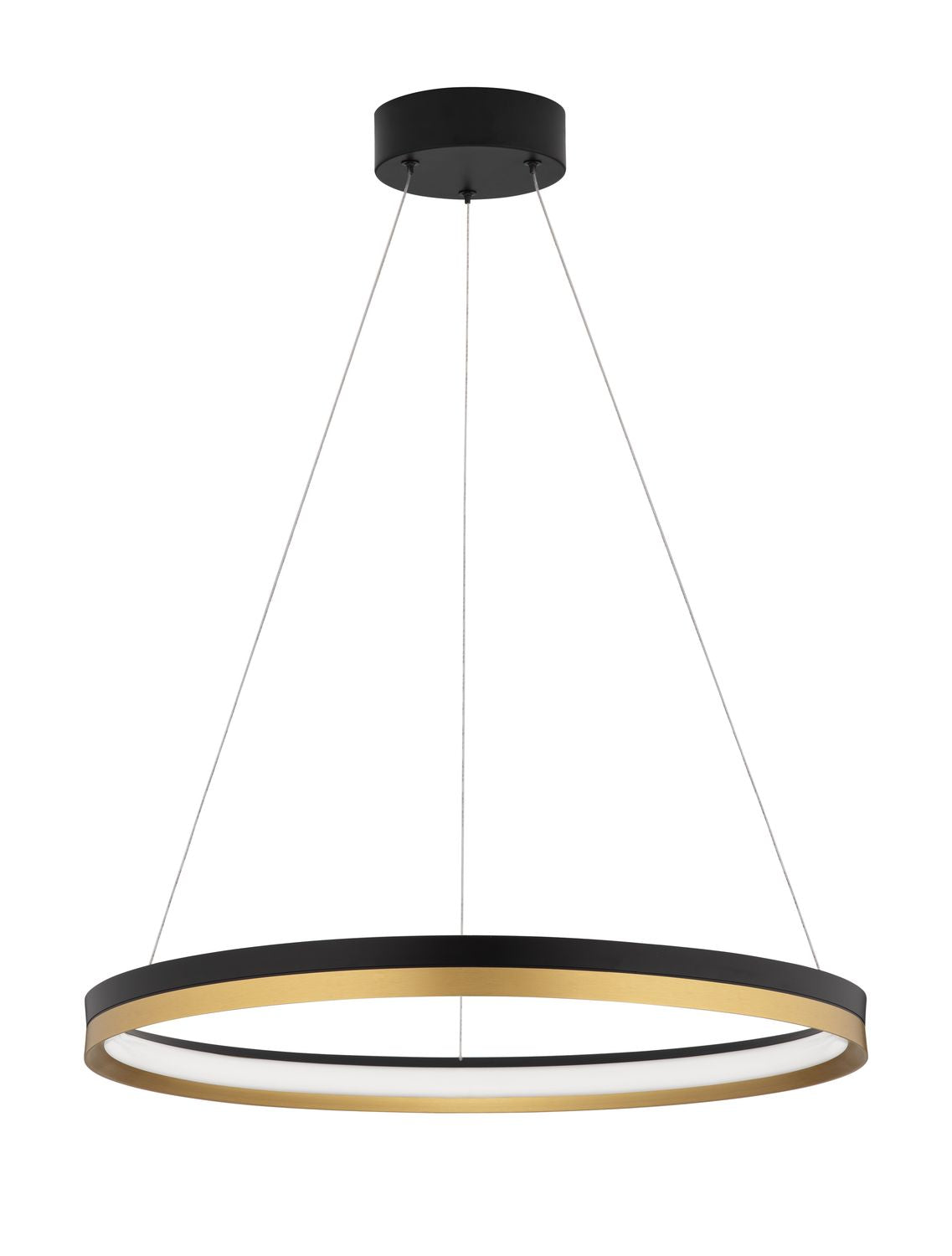 Vue de face de la suspension circulaire noire et dorée sur fond blanc.