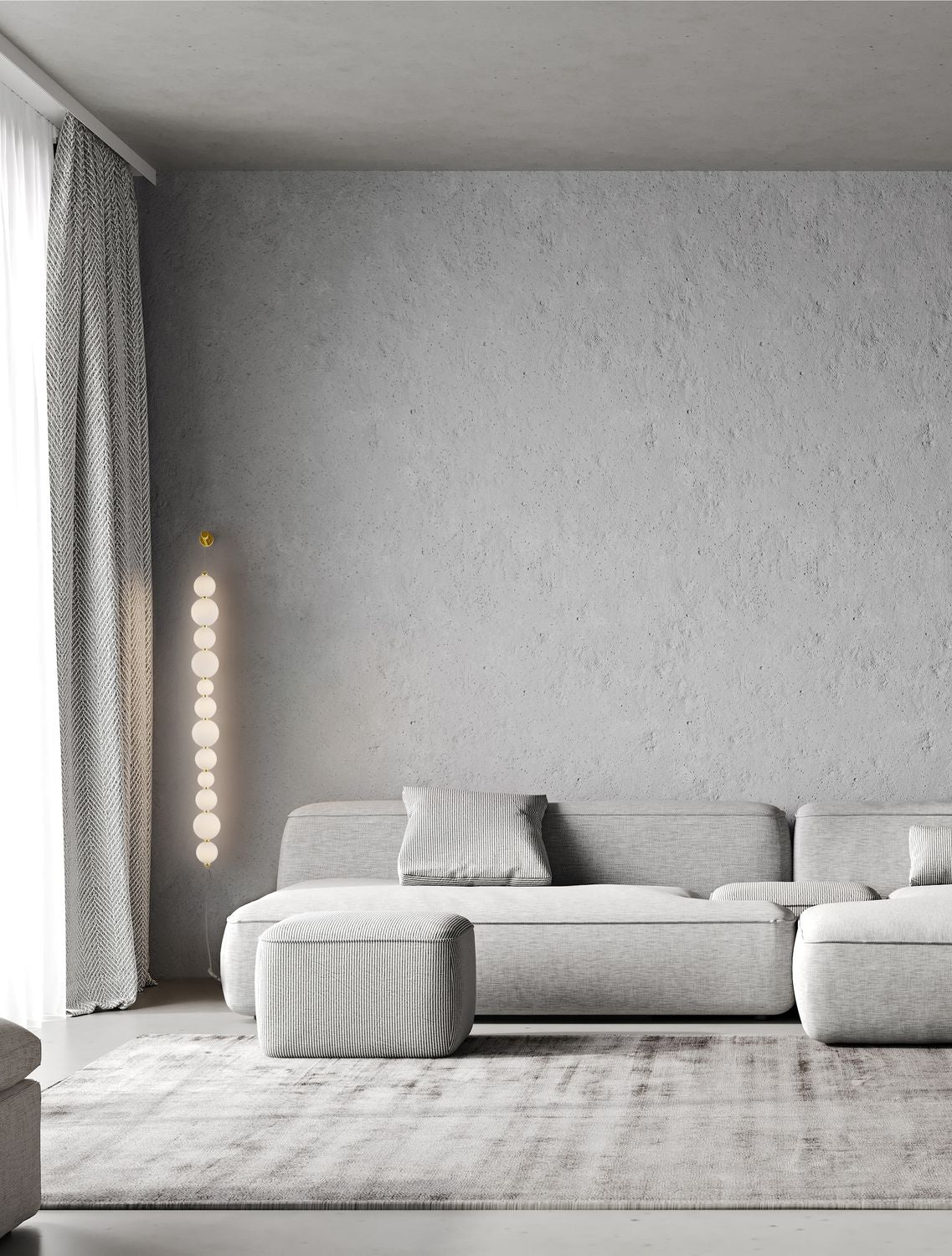 Applique murale verticale à globes de verre lumineux dans un salon gris minimaliste