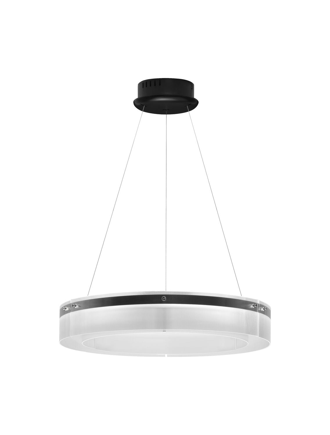 Produit de face sur fond blanc, anneau noir et diffuseur en verre strié éteint