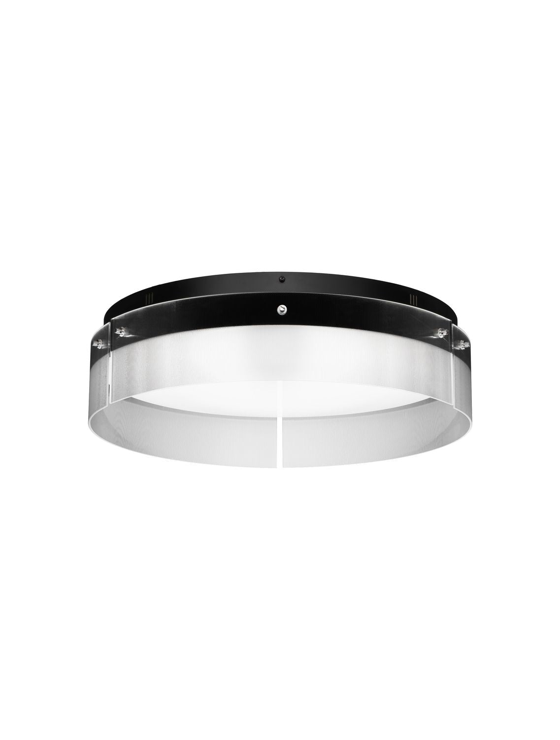 Vue de face du plafonnier sur fond blanc, cerclage noir et diffuseur en verre