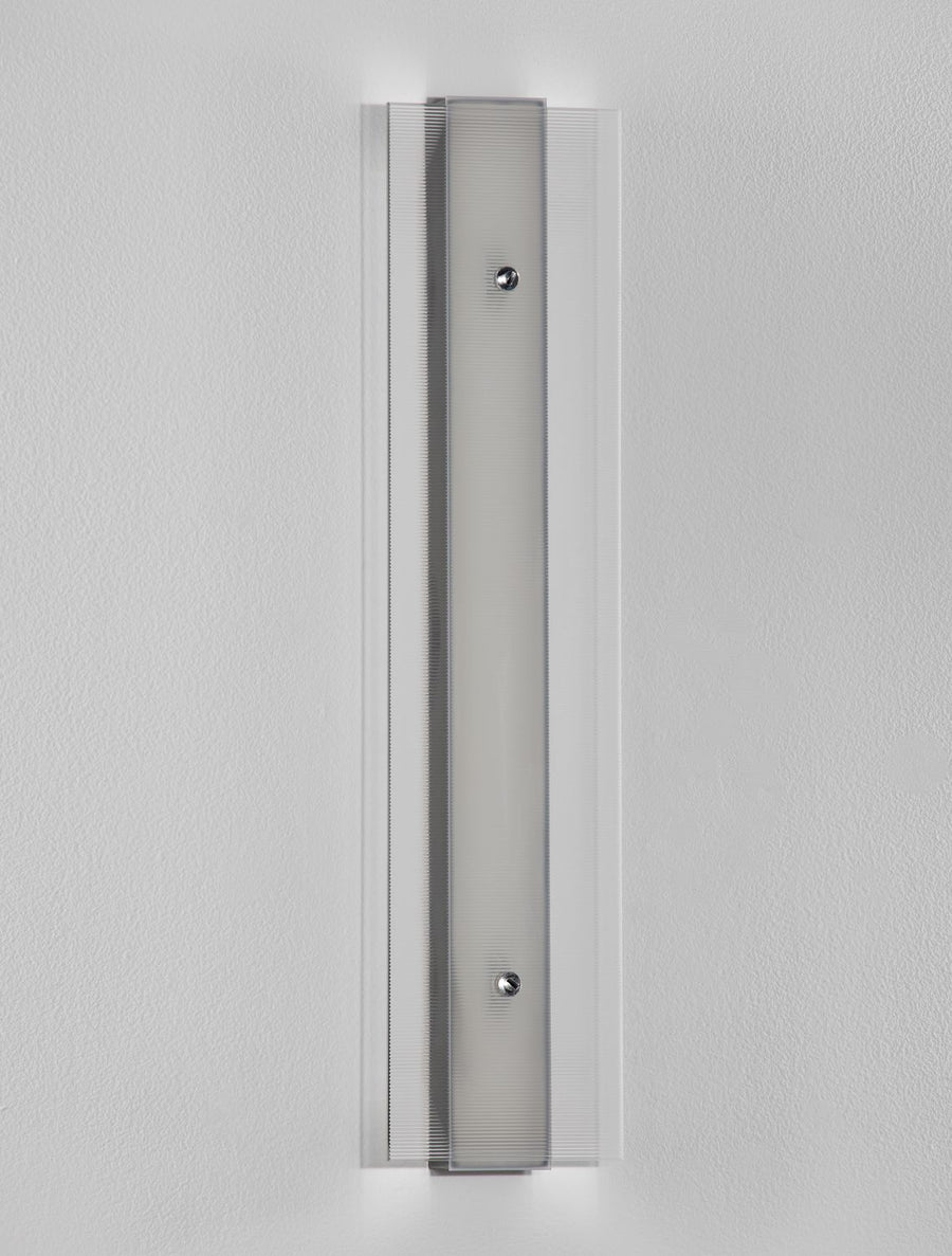 Détail de la face avant montrant le verre strié et les deux vis de fixation.