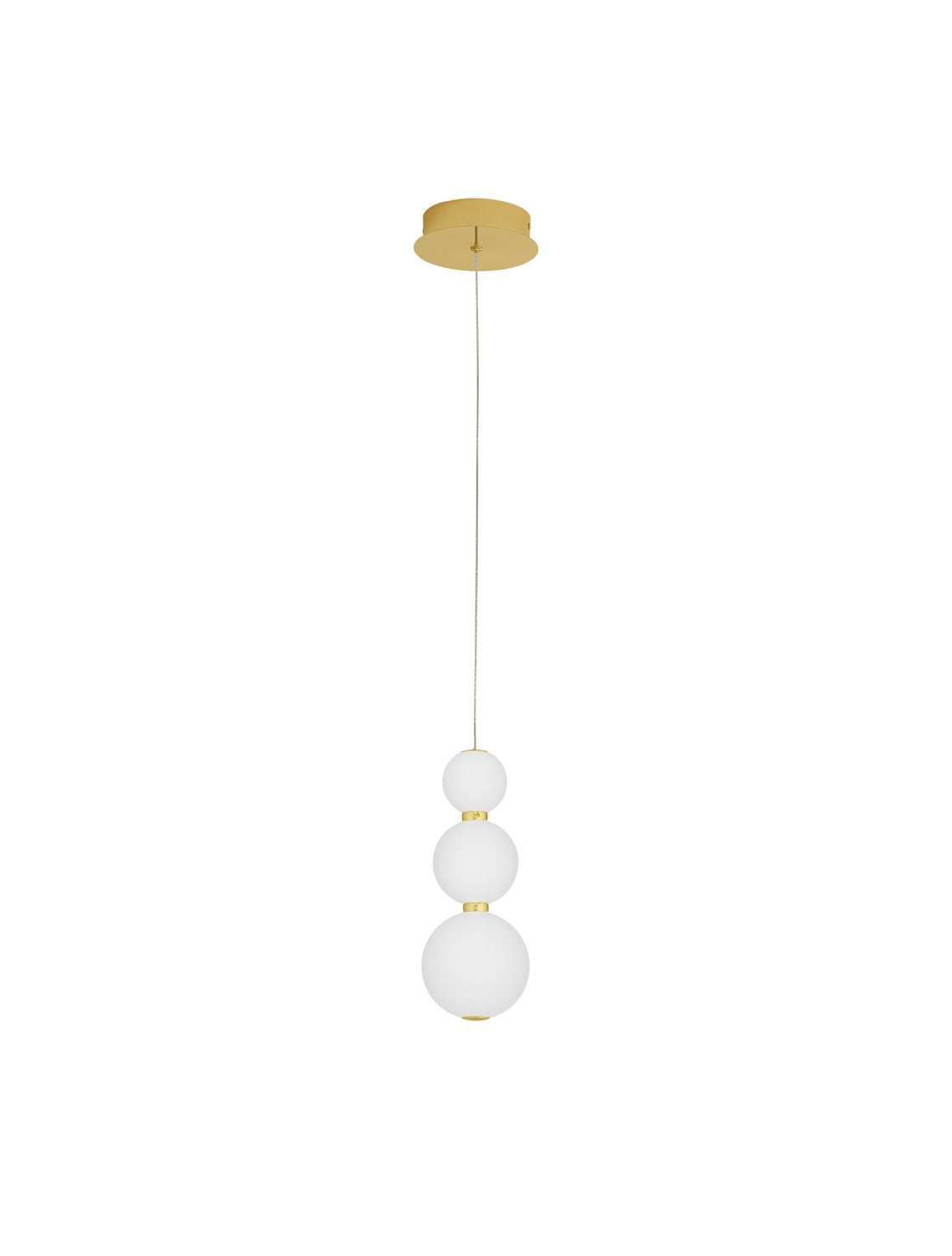 Suspension dorée avec trois globes de verre blanc empilés, vue de face sur fond blanc