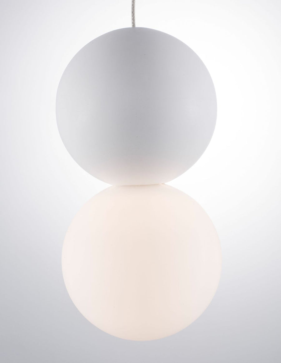 Gros plan sur les deux globes superposés, la partie basse diffuse une lumière chaude.