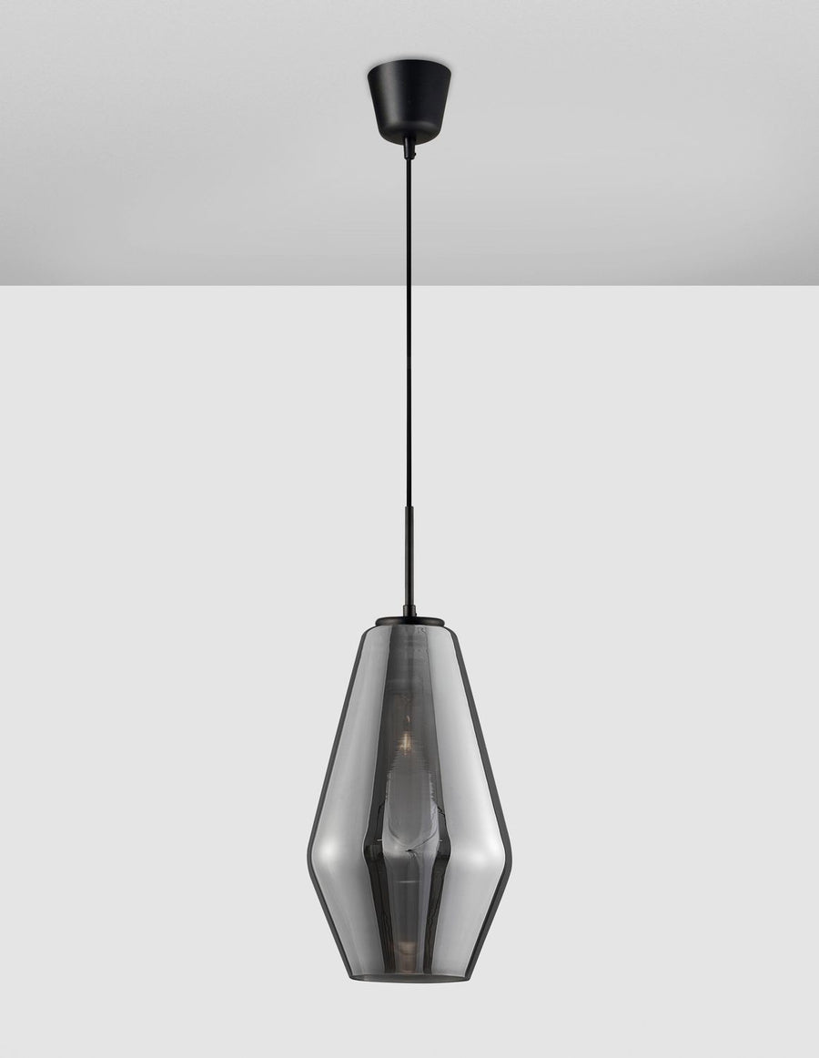 Vue entière de la suspension fixée au plafond avec rosace et câble réglable.