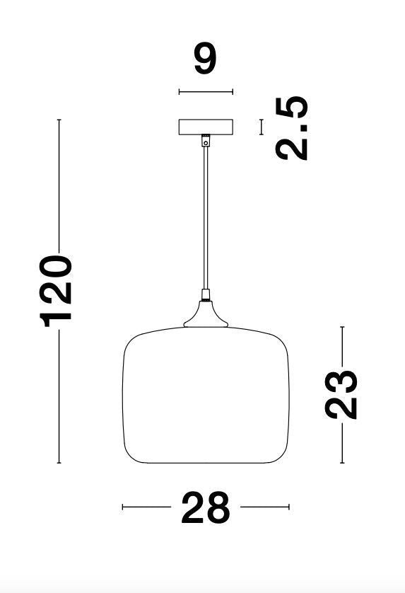 Schéma technique coté de la suspension avec hauteur, largeur et diamètre du verre