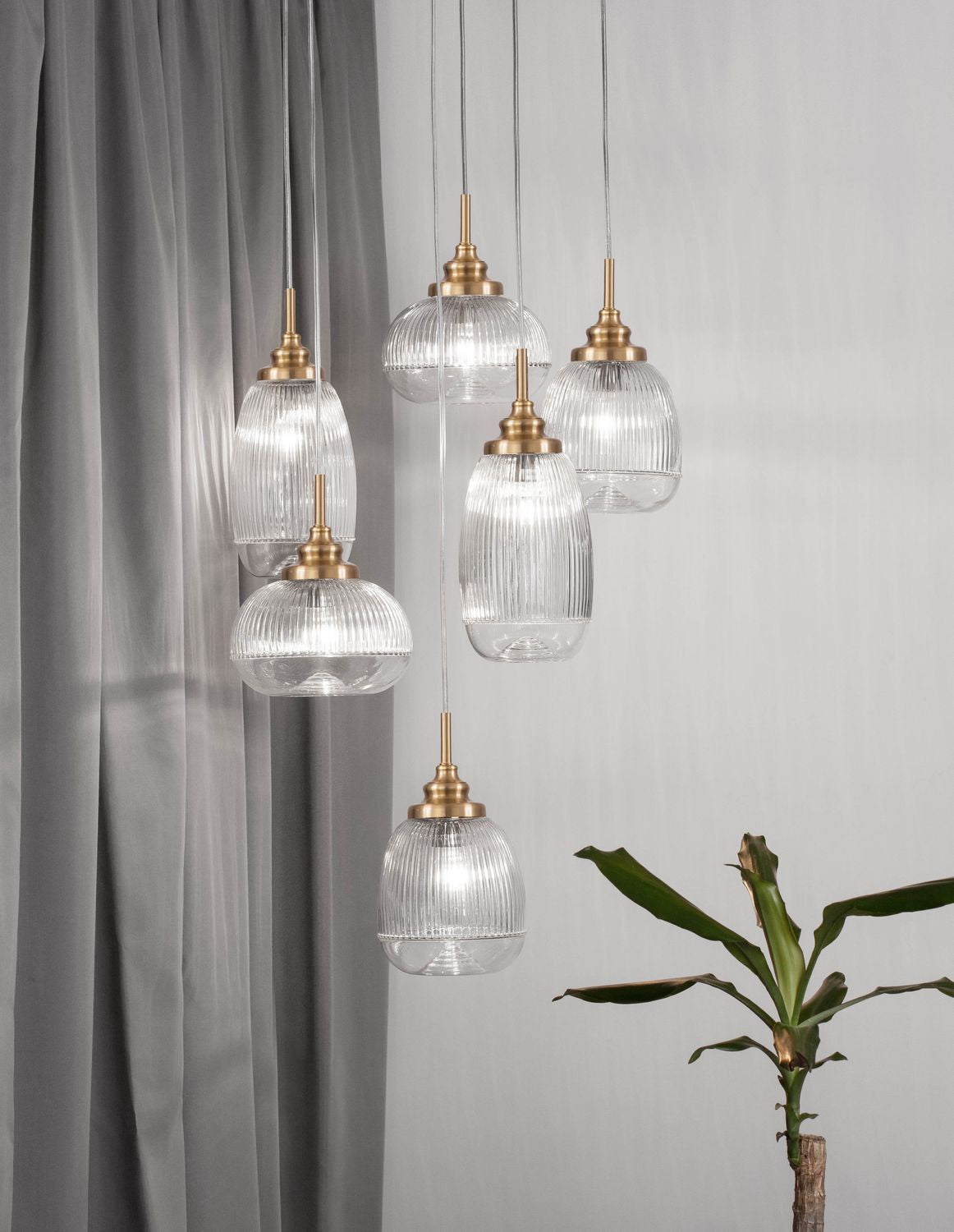 Suspension Mond 6 lumières dorée, verre