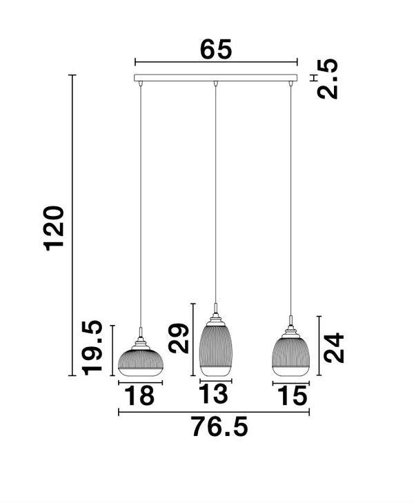Schéma coté de la suspension avec largeur 65 cm, hauteur 120 cm et diamètres