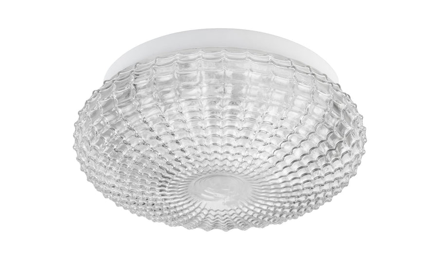 Vue de face du plafonnier transparent sur fond blanc, forme bombée côtelée