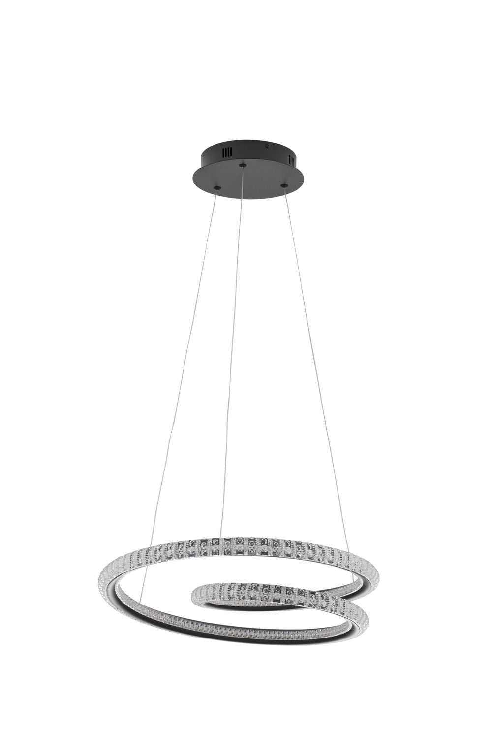 Produit de face sur fond blanc, rosace noire et deux anneaux lumineux suspendus
