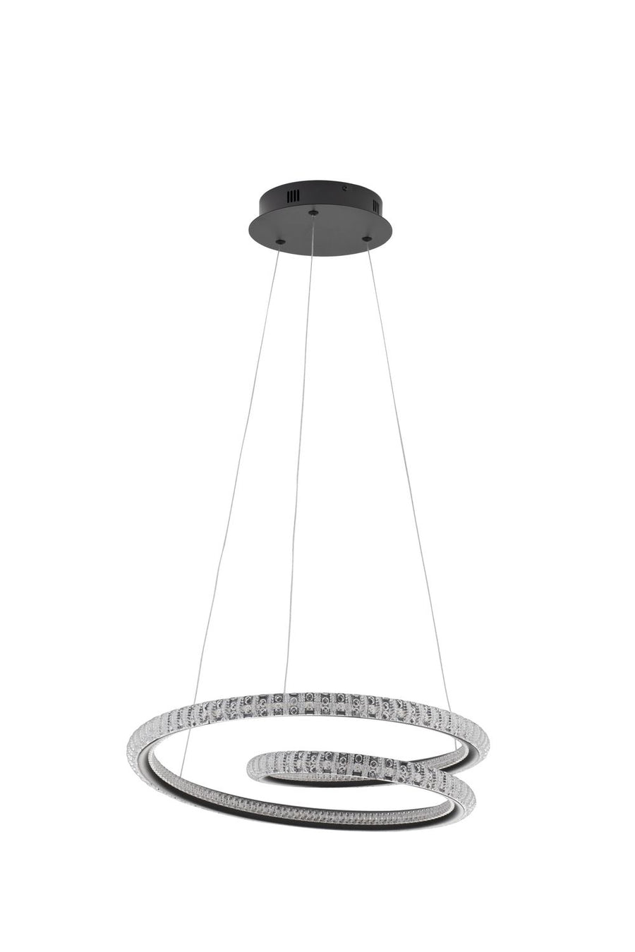 Produit de face sur fond blanc, rosace noire et deux anneaux lumineux suspendus