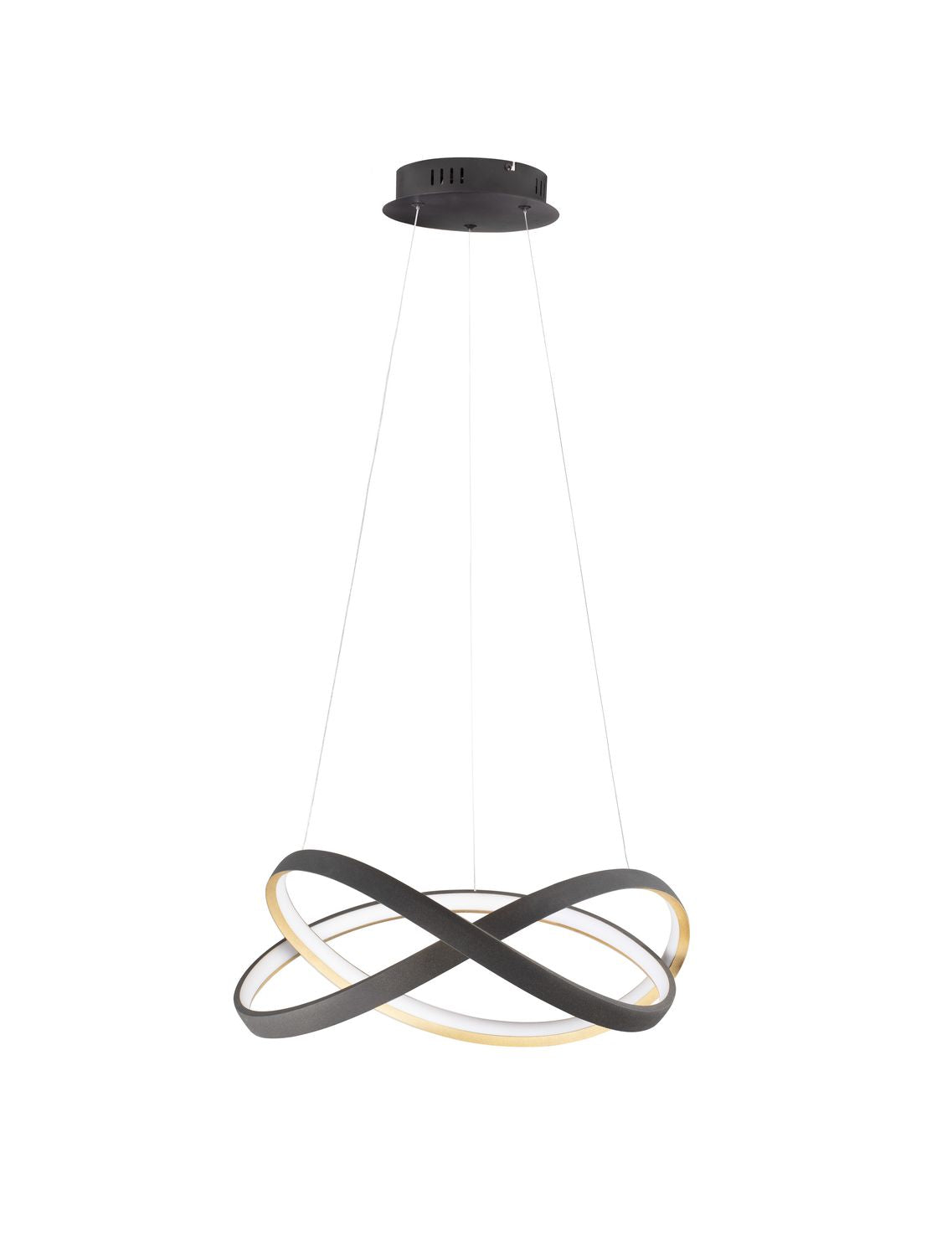 Vue de face du luminaire sur fond blanc, anneaux noirs et dorés entrelacés