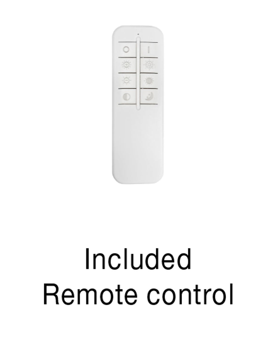 Télécommande blanche incluse avec boutons de réglage d'intensité et de température.