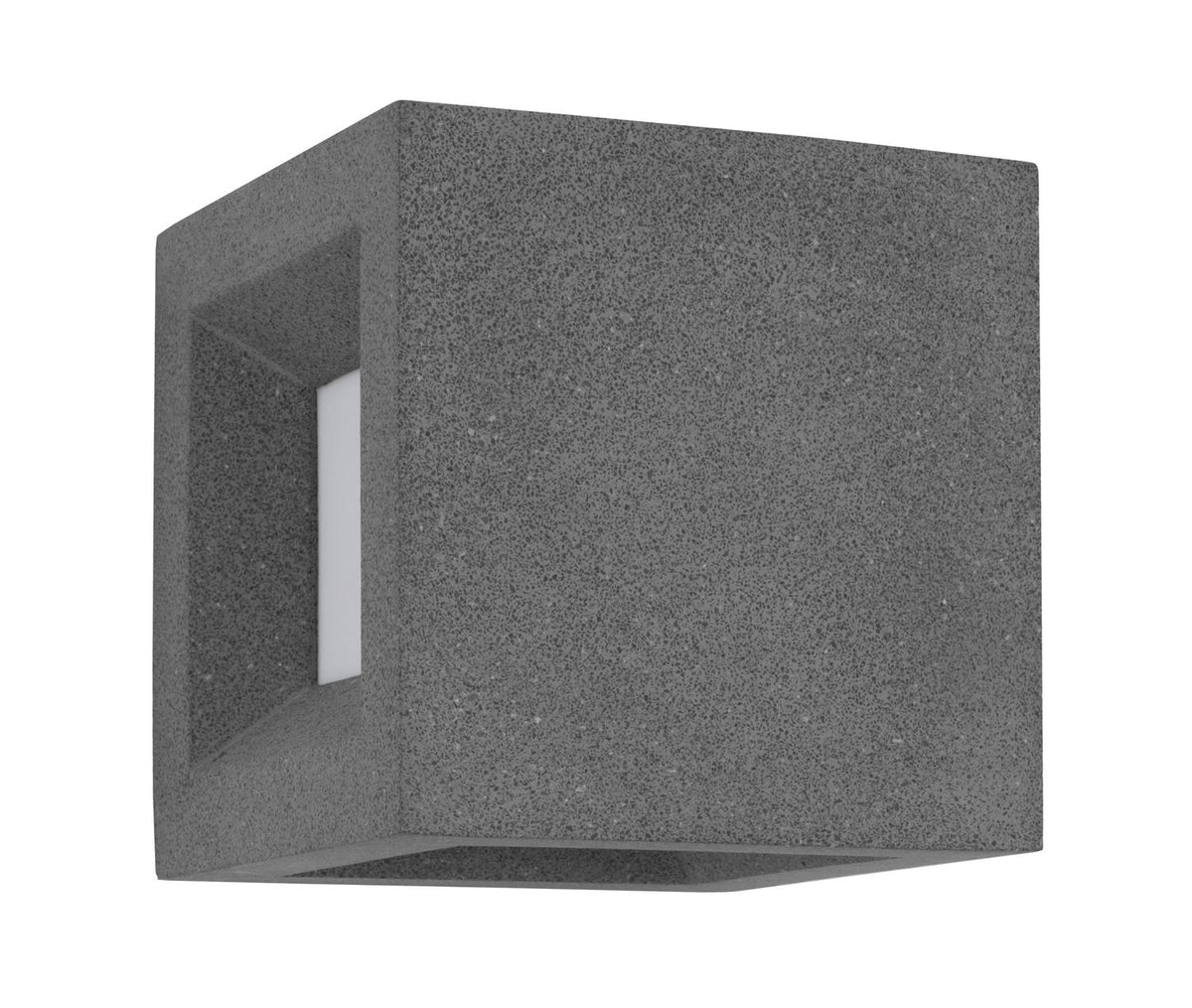 Vue de face du luminaire cubique gris, avec ouverture carrée et diffuseur blanc.