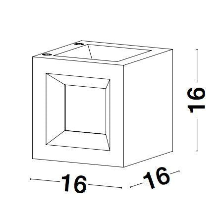 Schéma de dimensions du luminaire cubique : seize centimètres de côté sur trois faces.