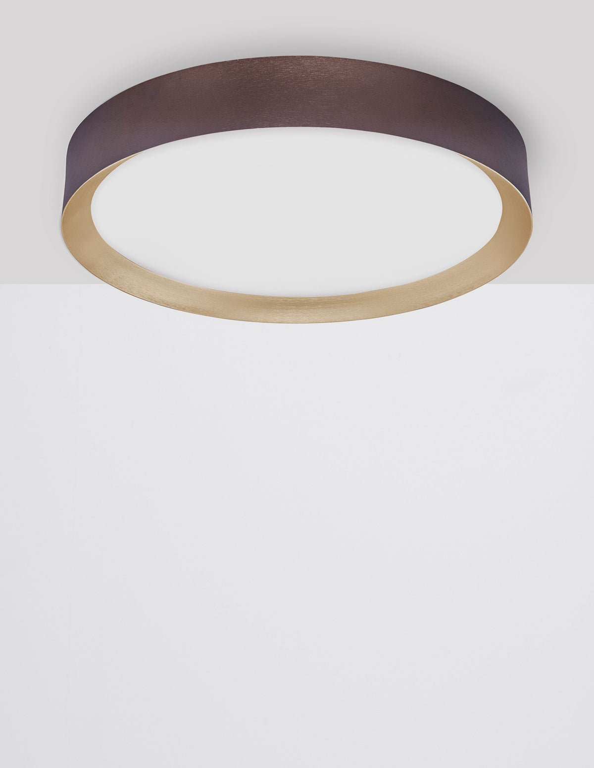 Autre angle du plafonnier fixé au plafond, bordure marron et intérieur doré