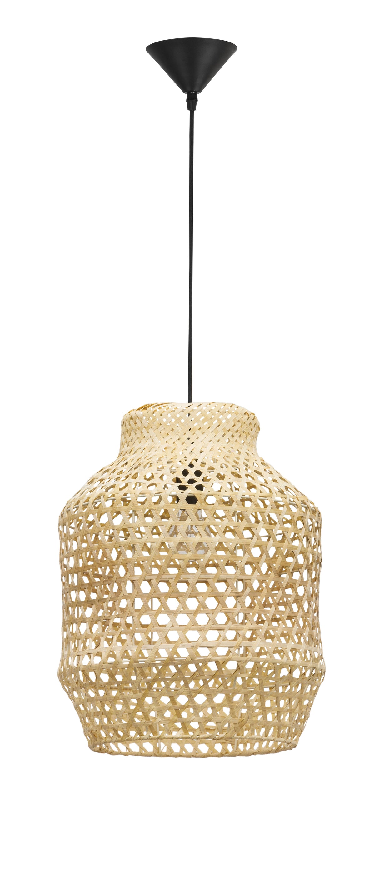 Vue de face du luminaire entier avec son câble noir et sa rosace