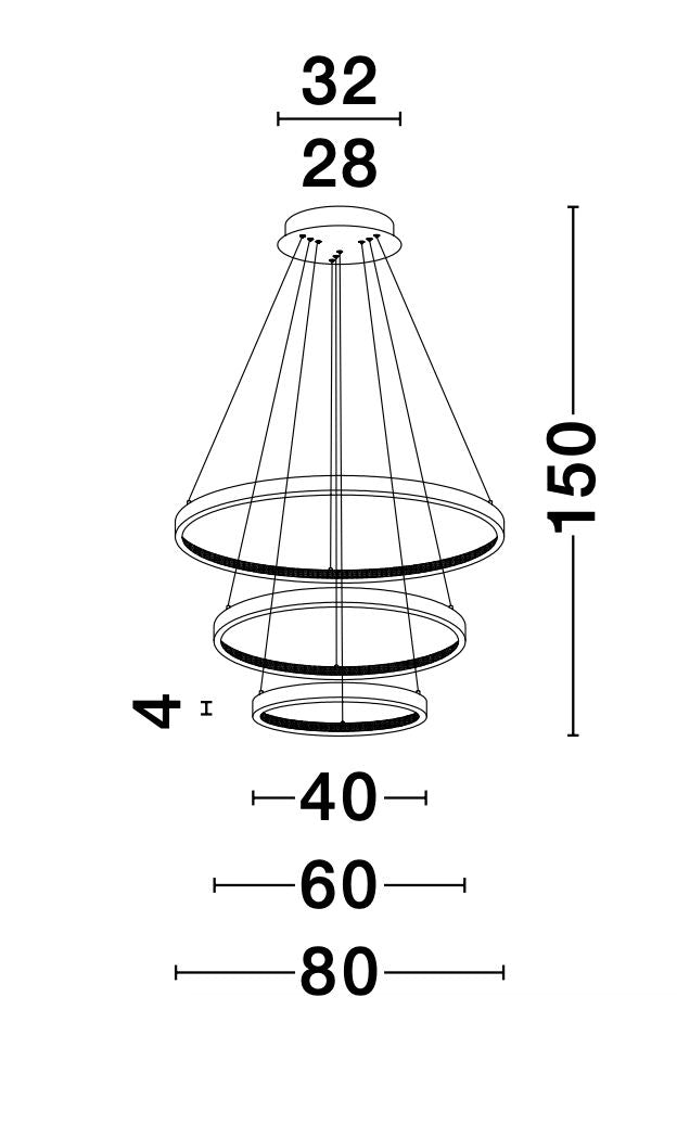 Schéma de dimensions, hauteur 150 cm et diamètres de 80, 60 et 40 cm