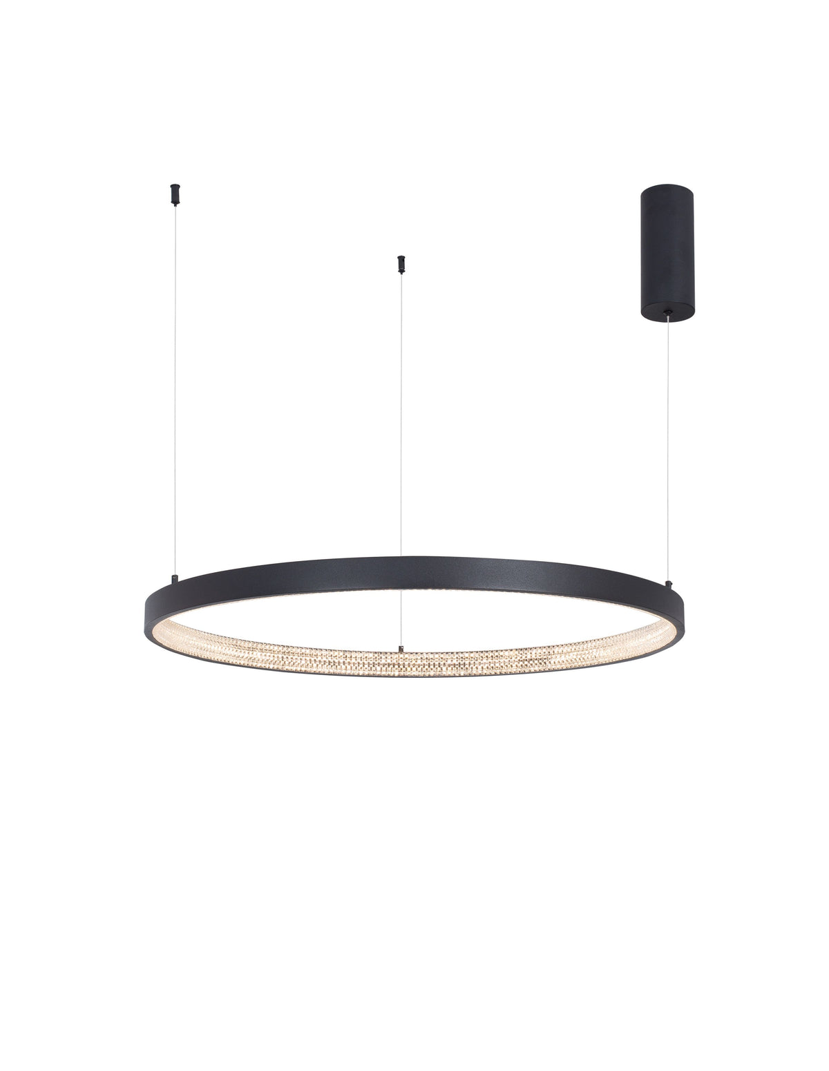 Vue de face du luminaire suspendu, anneau noir éclairé, fond neutre