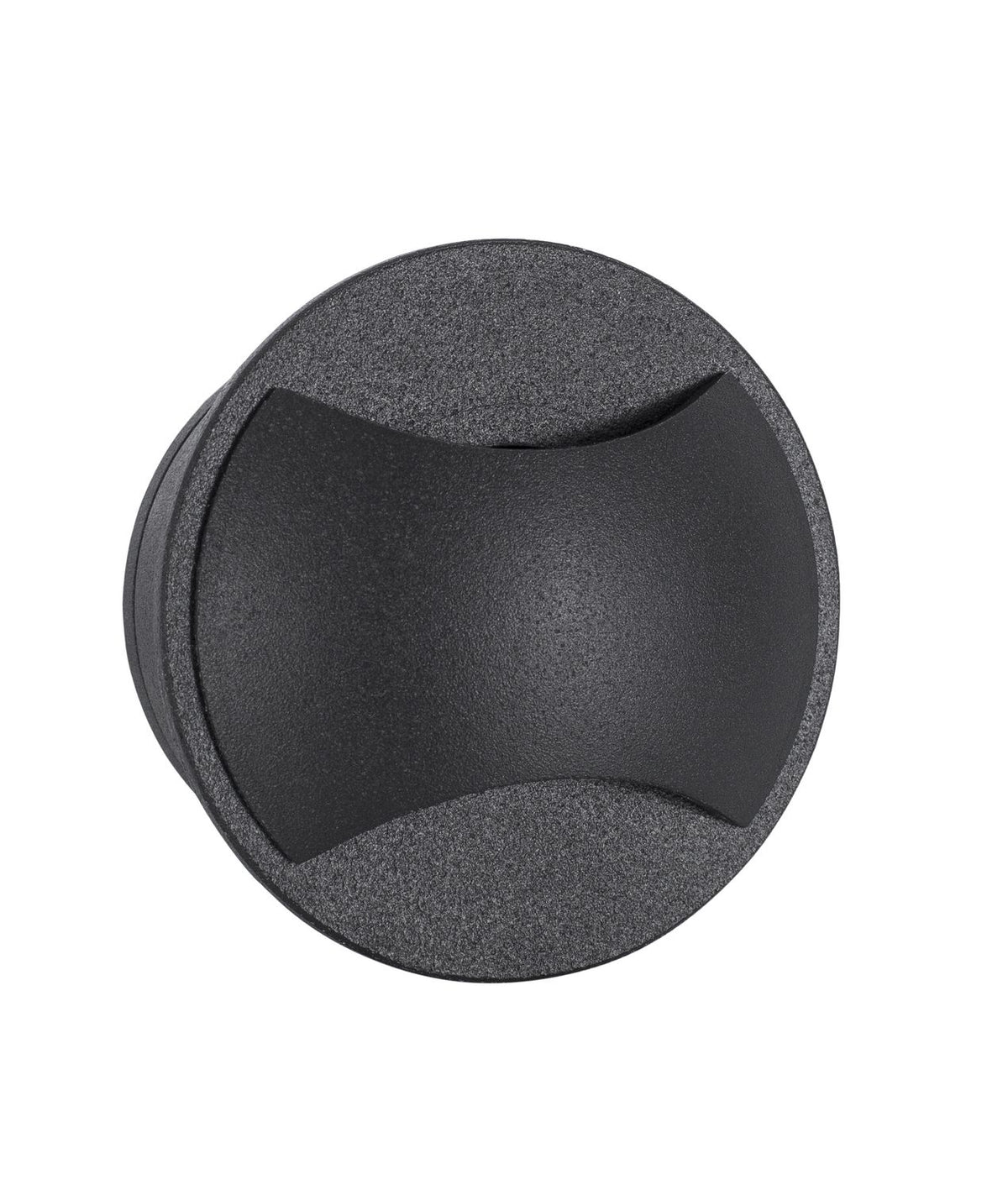 Vue de face du luminaire rond noir à surface texturée, sur fond blanc neutre