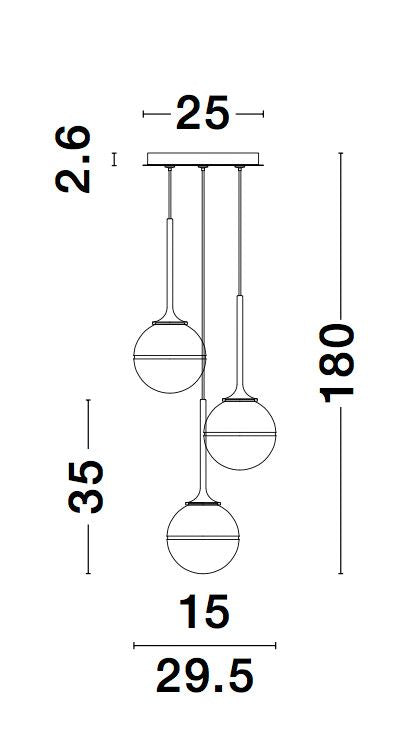 Schéma coté de la suspension avec hauteur, largeur et diamètre des globes.