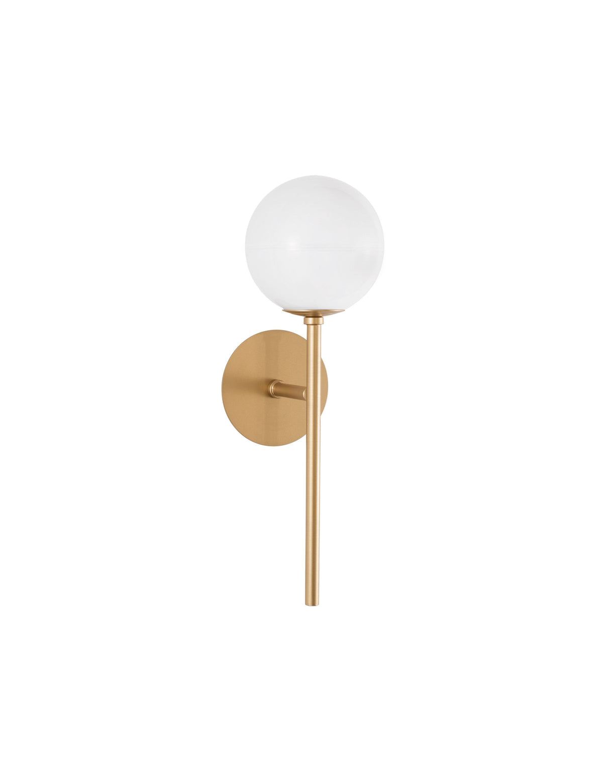 Vue de face de l'applique murale dorée avec son globe en verre blanc sur fond blanc