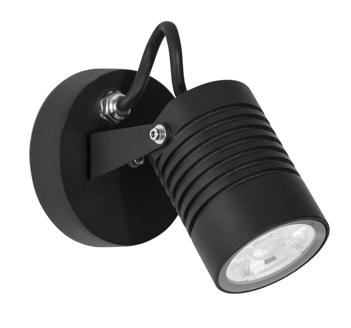 Vue rapprochée sur fond blanc du projecteur orientable et de sa platine murale