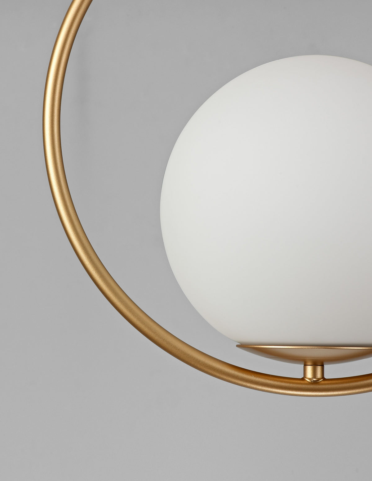 Détail rapproché du cerclage doré et de la sphère en verre dépoli