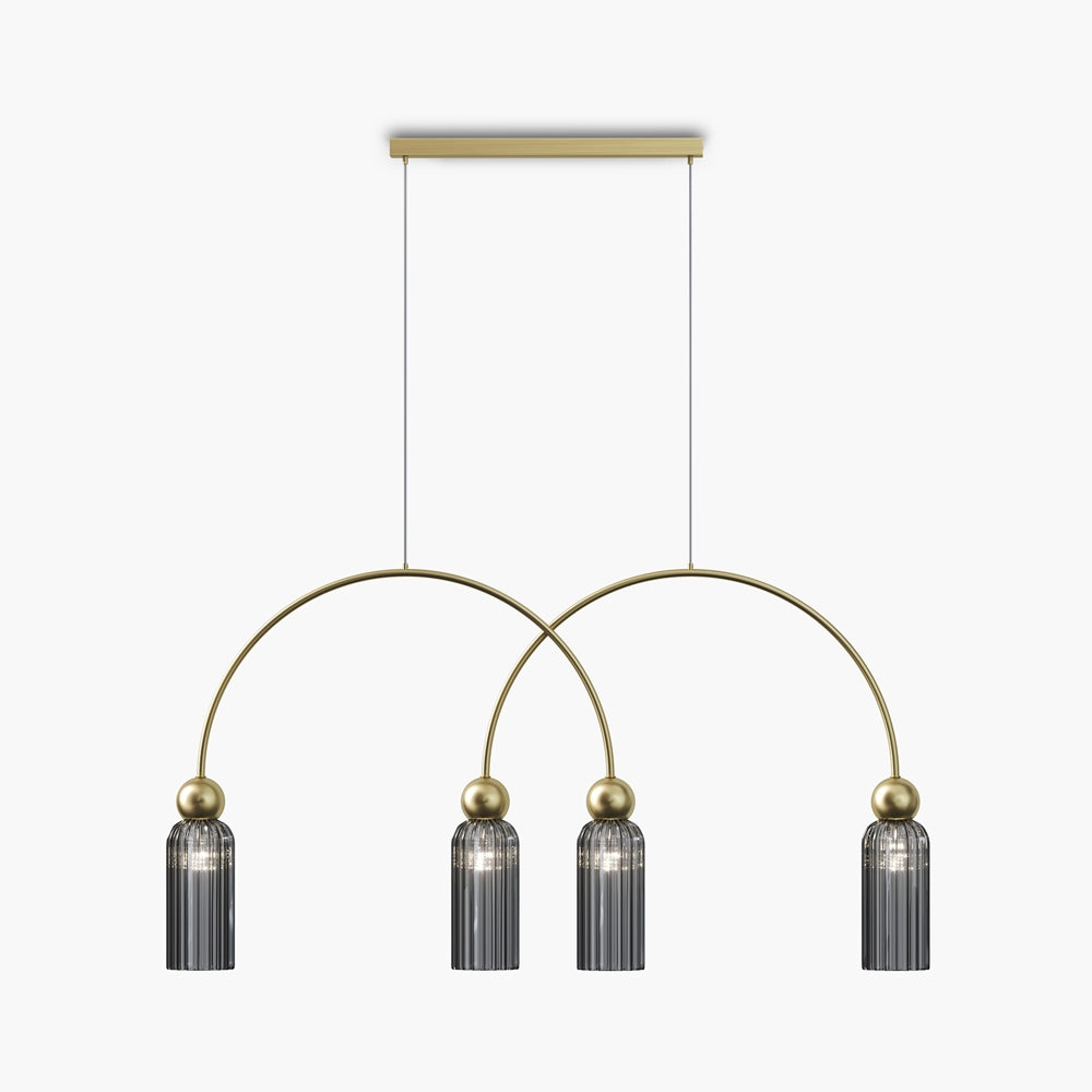 Suspension dorée à deux arches fines et quatre abat-jours cylindriques en verre fumé cannelé