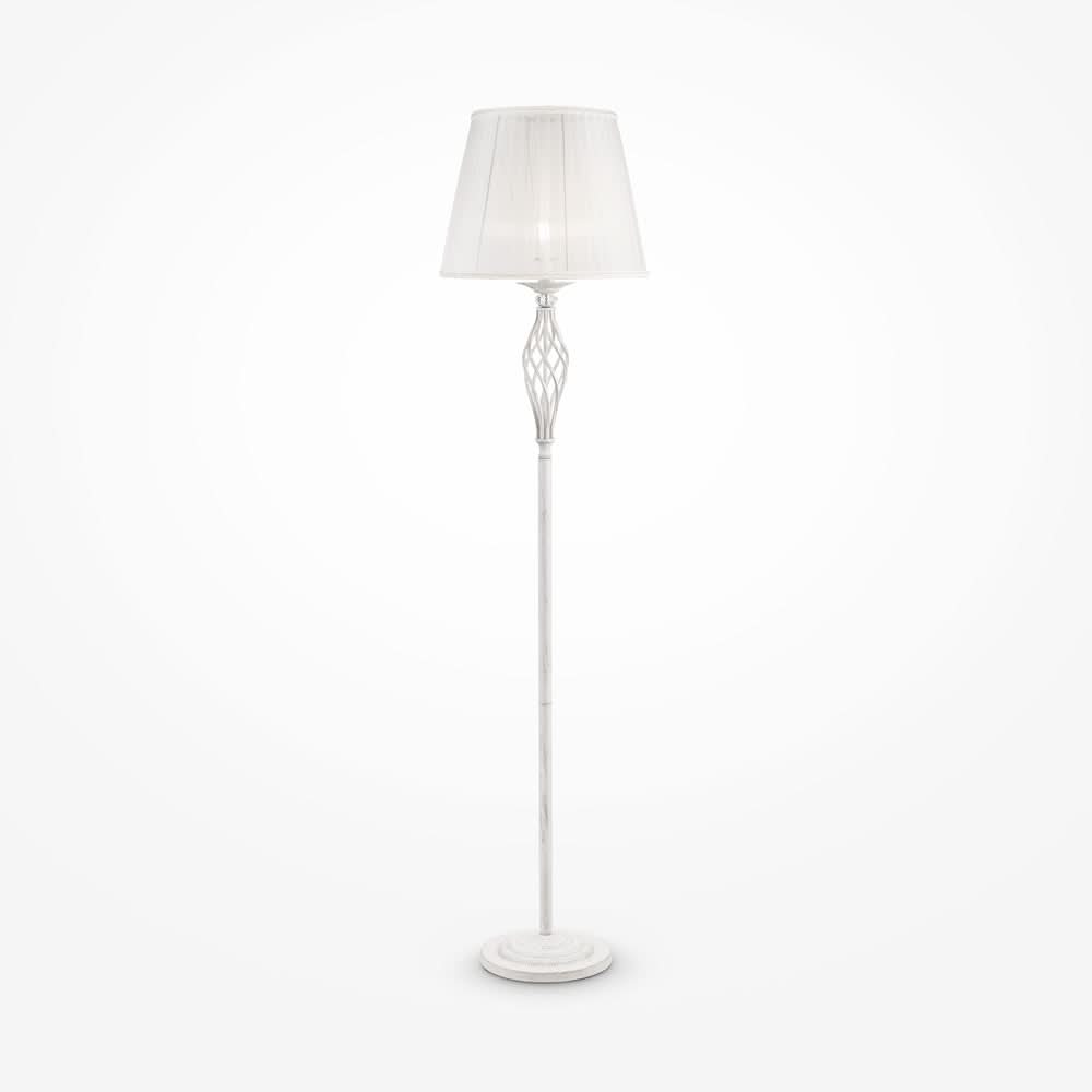 Lampadaire blanc de face, abat-jour conique et fin pied sur socle rond