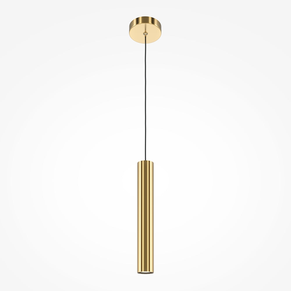 Suspension dorée vue de face, long tube cylindrique et fin câble noir