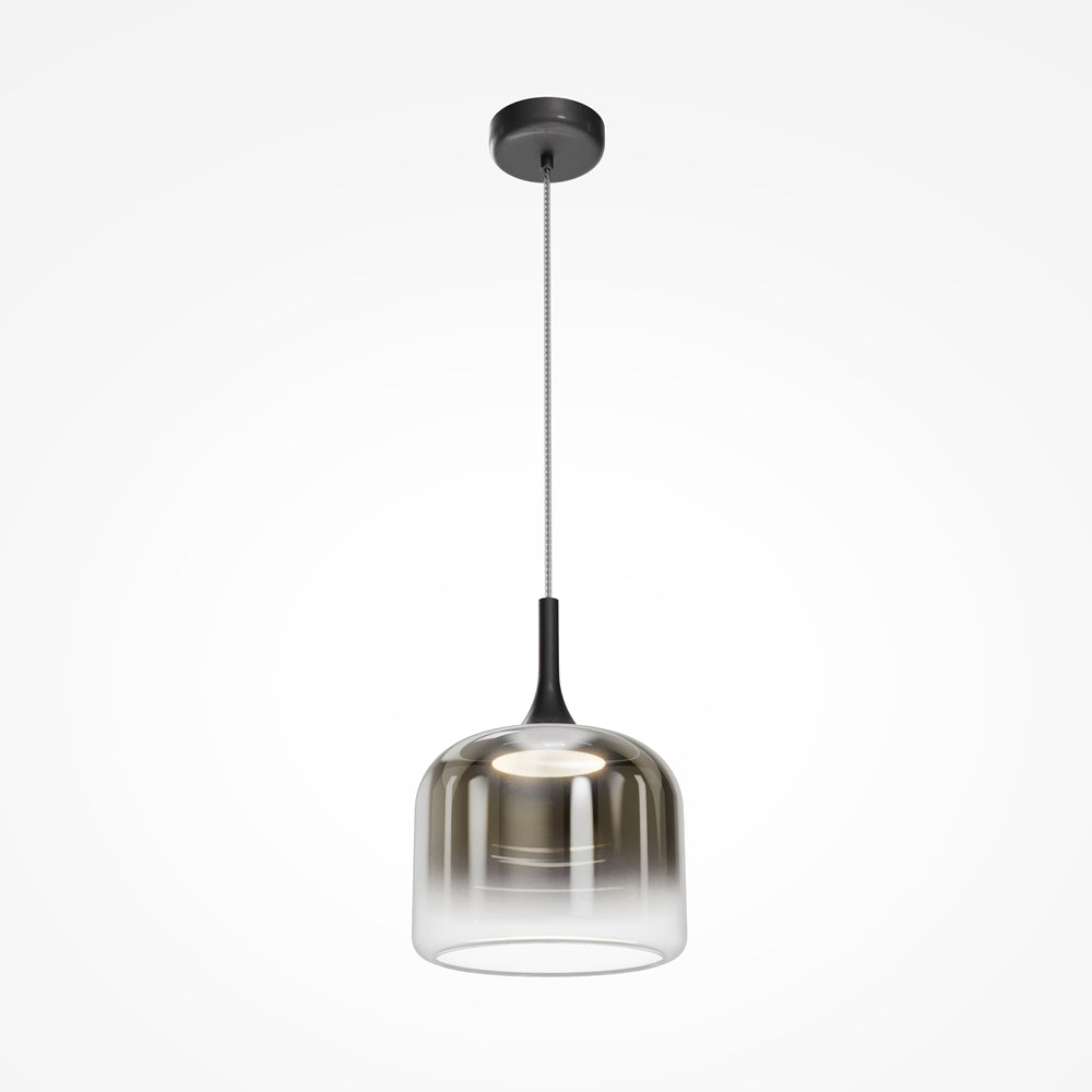 Suspension complète vue de face sur fond blanc, abat-jour en verre fumé dégradé