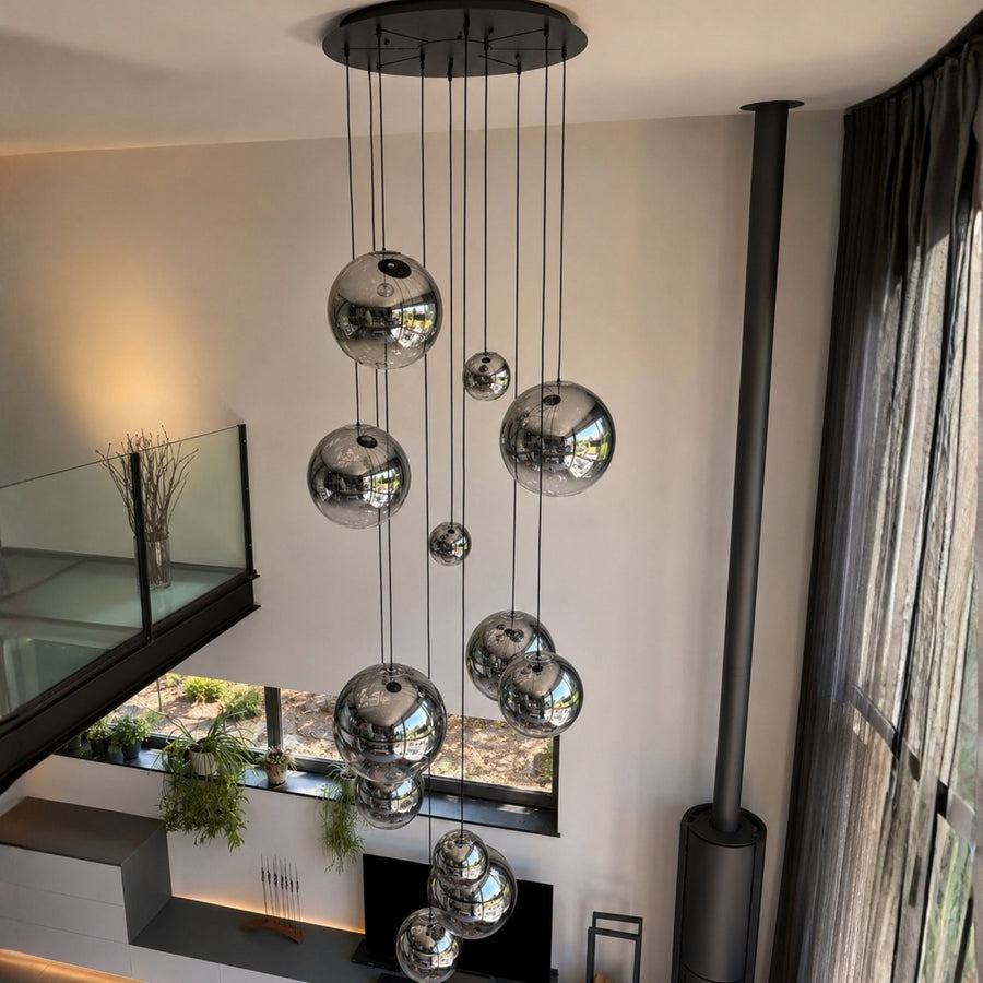 Suspension grande hauteur Orb globe en verre, câble 5 m, monture noire