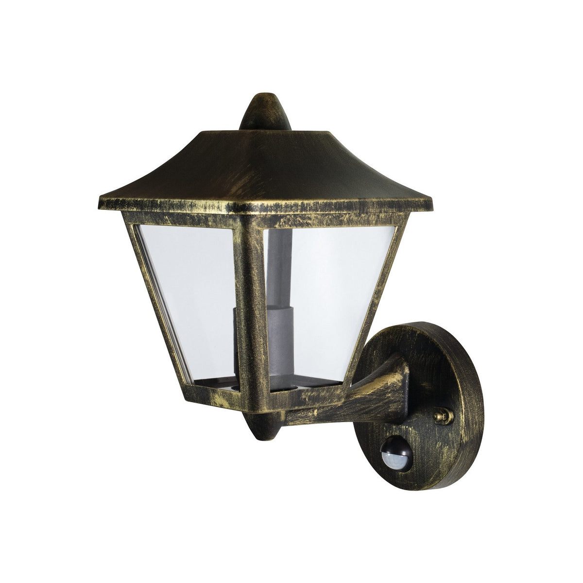 Applique extérieure traditionnelle en aluminium doré et noir, vue de face sur fond blanc