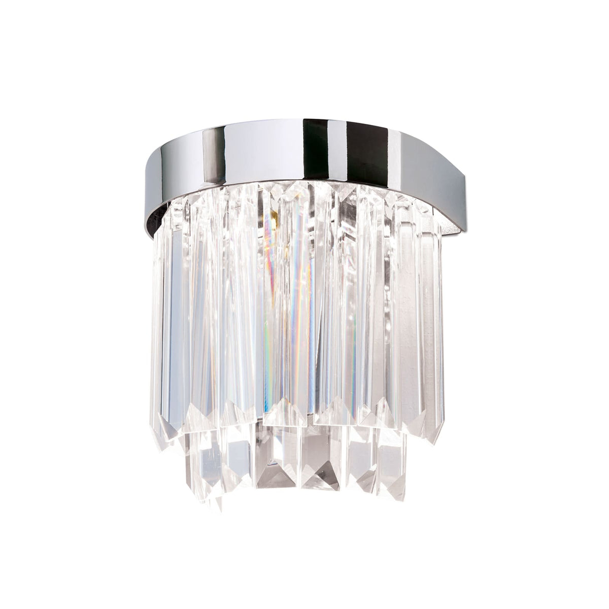 Applique murale dorée de face, prismes de cristal suspendus sur deux niveaux