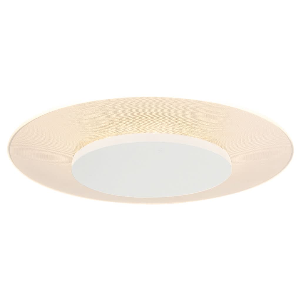 Vue de face légèrement inclinée du plafonnier rond avec diffuseur central blanc.
