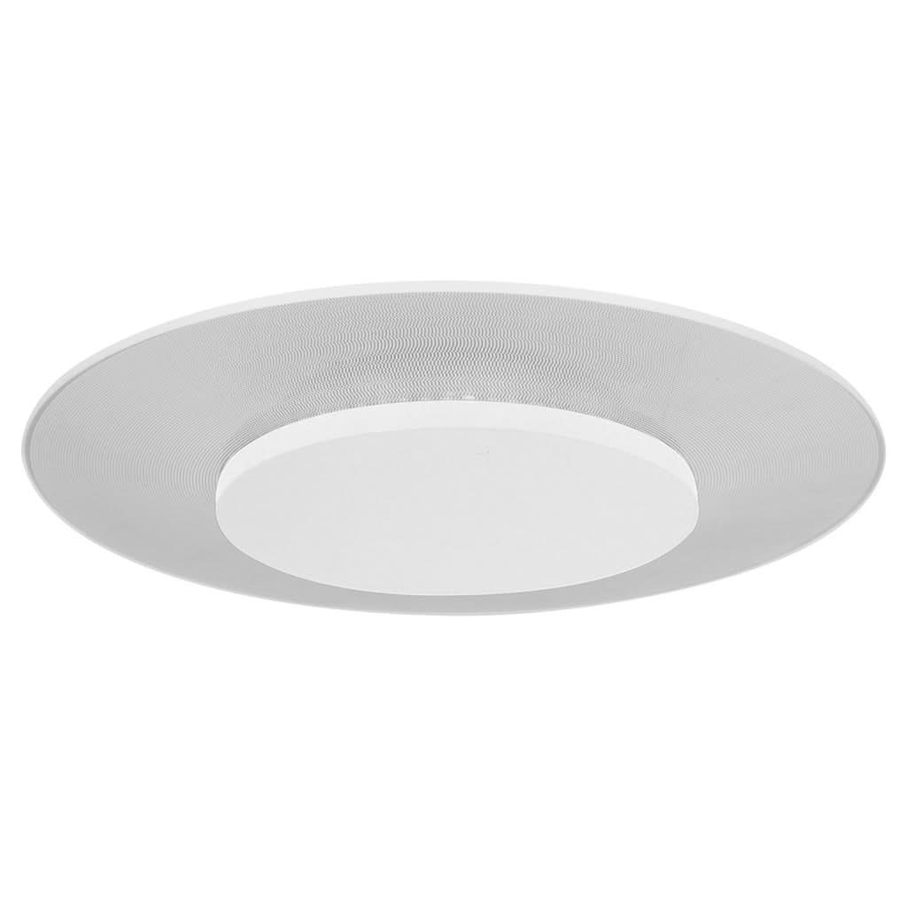Vue de face du plafonnier blanc avec large couronne texturée et diffuseur central.