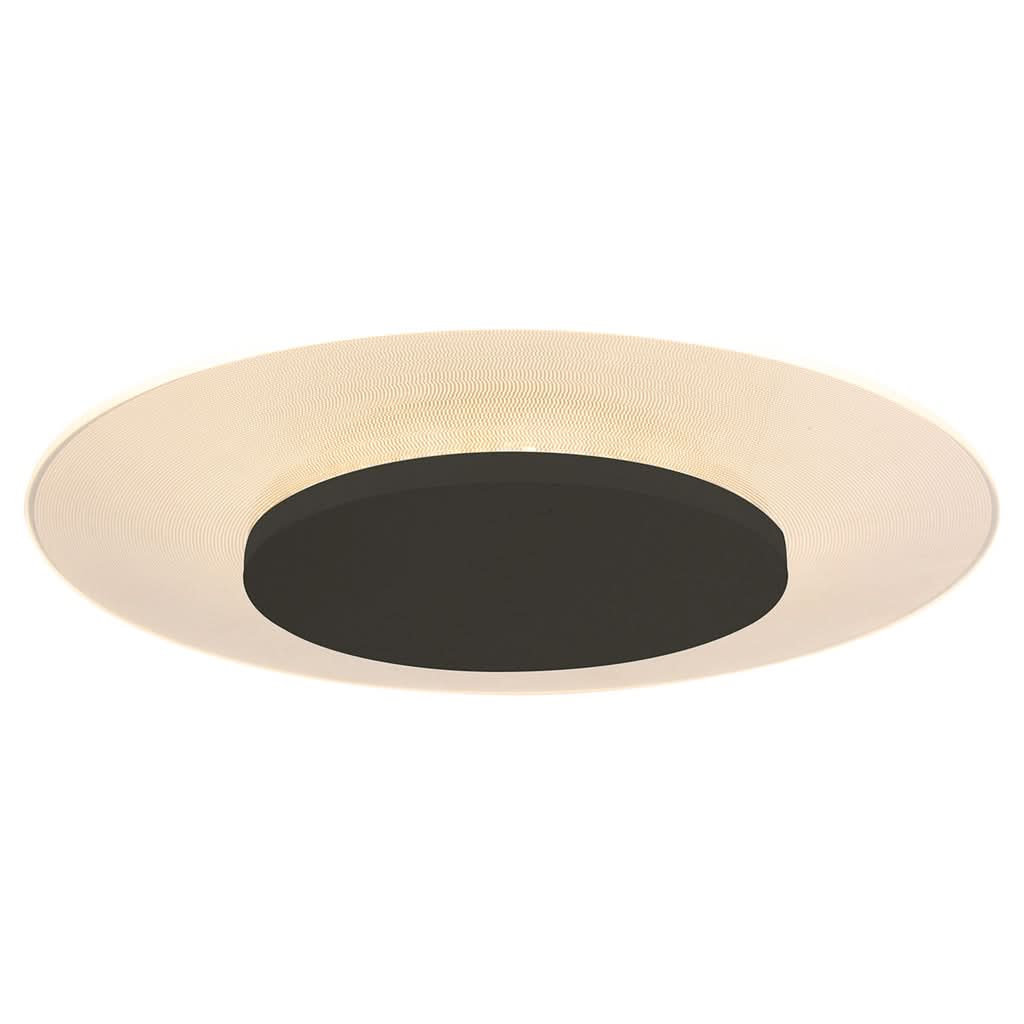 Plafonnier rond vu de dessous, anneau extérieur texturé beige et centre noir.