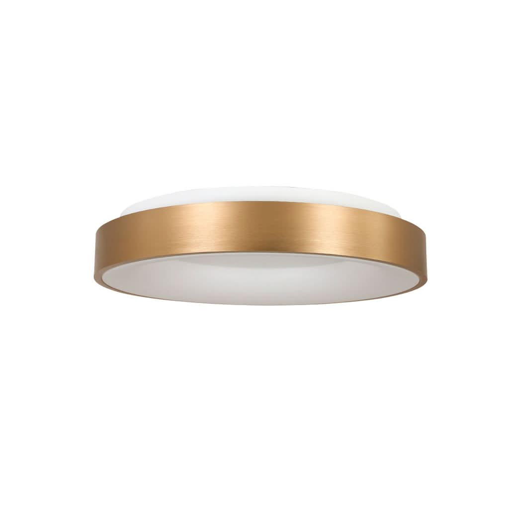 Plafonnier doré rond Ringlede vu de face, anneau métal doré et diffuseur blanc