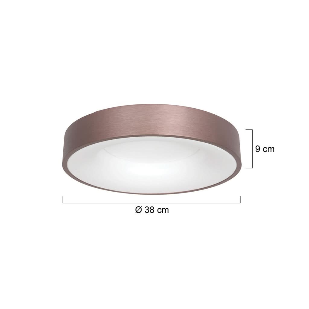 Schéma coté du luminaire indiquant un diamètre de 38 cm et une hauteur de 9 cm.