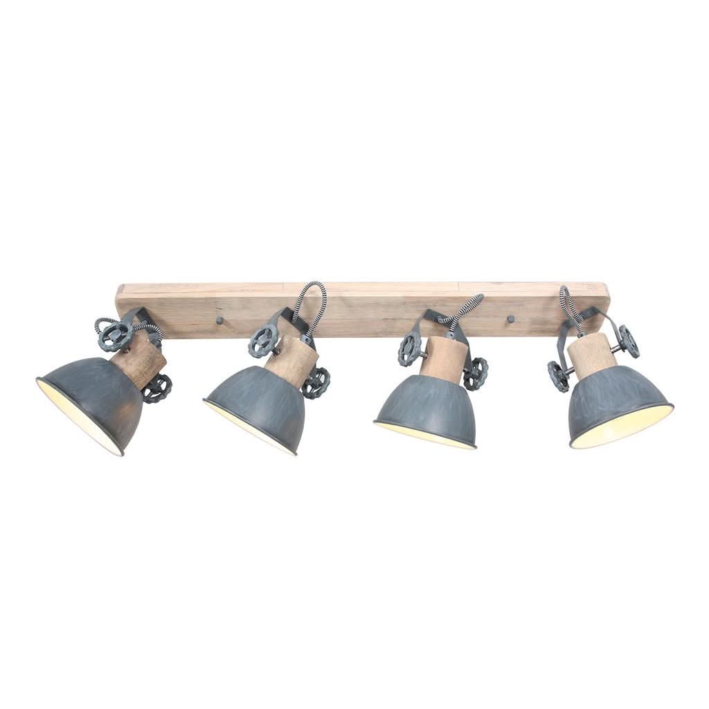 Plafonnier quatre spots en bois clair et métal gris, vue de face sur fond blanc