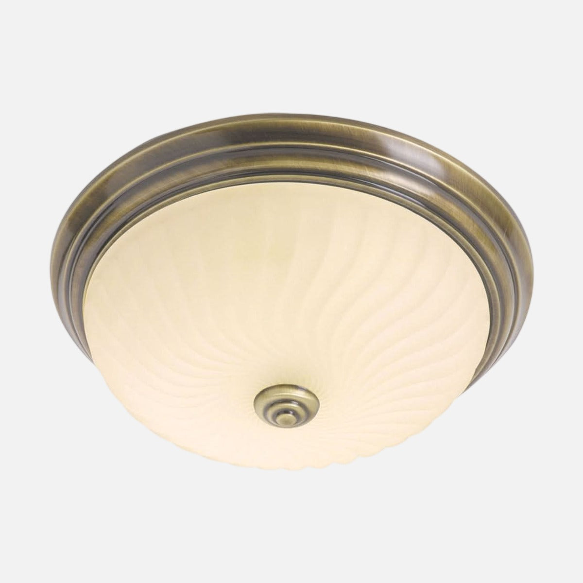 Plafonnier rond de face sur fond blanc, cerclage bronze et verre crème strié.