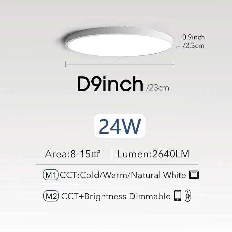 Schéma technique du modèle 23 cm : 24W, 2640 lumens, surface 8-15m², CCT variable