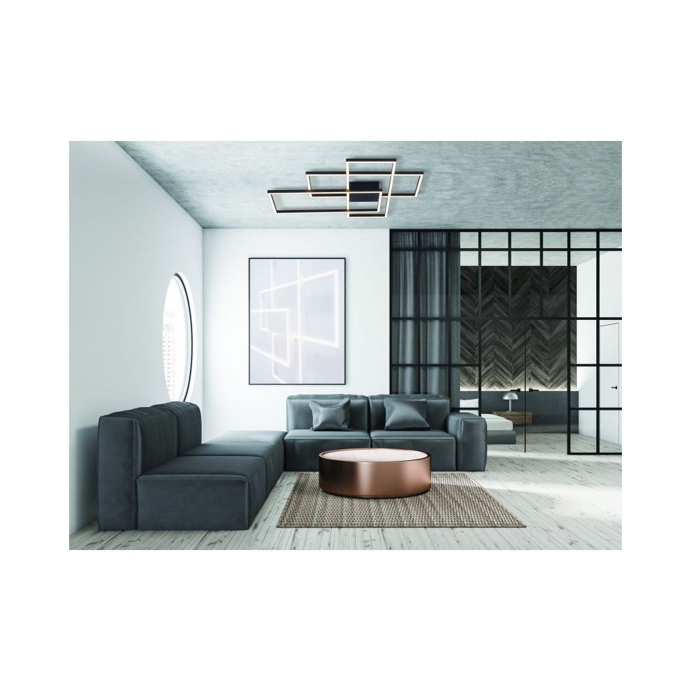 Mise en ambiance du luminaire fixé au plafond dans un salon moderne aux tons gris