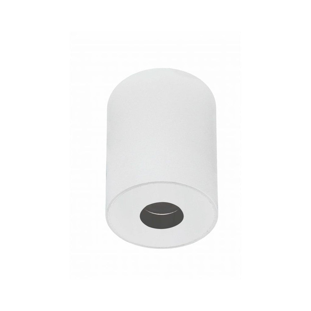 Luminaire cylindrique blanc vu de dessous, diffuseur central noir et finition mate