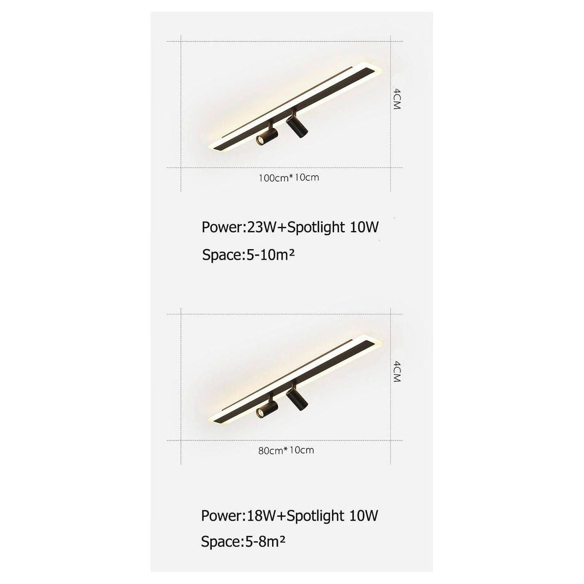 Schéma coté des versions 100 et 80 cm avec puissances et surfaces