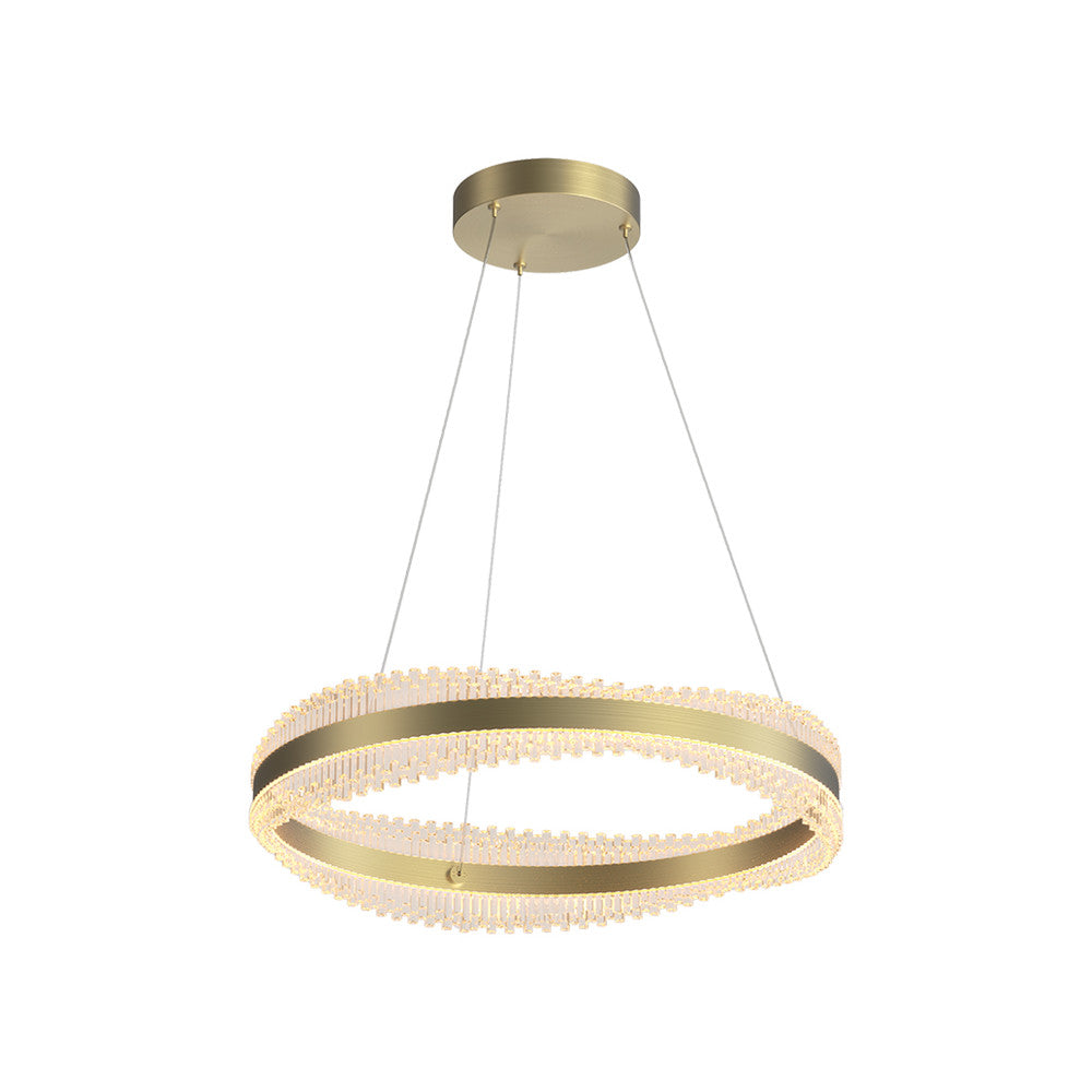 Suspension annulaire dorée avec bandeau central et cristaux, vue de face sur fond blanc.