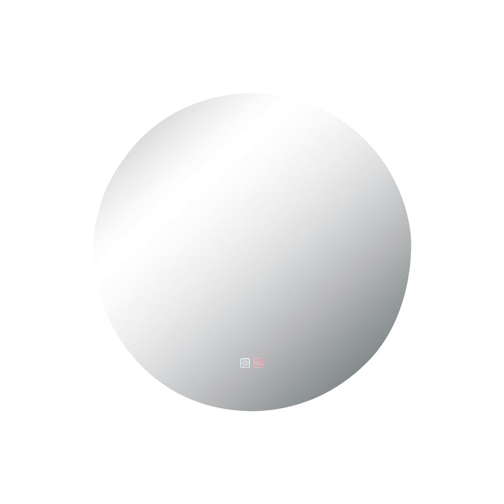 Miroir rond blanc sur fond neutre, deux icônes tactiles visibles en partie basse.